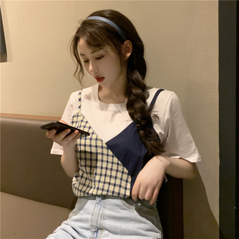 Áo Thun Ngắn Tay Phối Áo Ca Rô Trẻ Trung Dành Cho Nữ