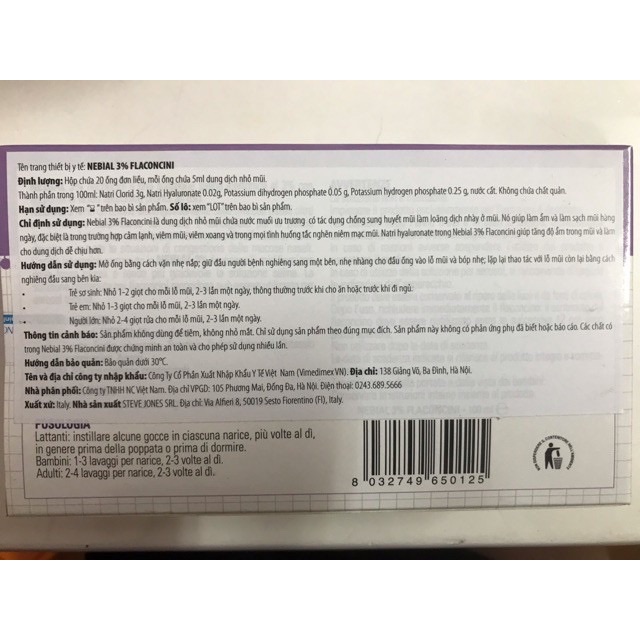 [Kèm Quà Tặng ] Dung dịch nhỏ mũi Nebial 3% Flaconcini ( Hộp 20 ống 5 ml ) - Italy