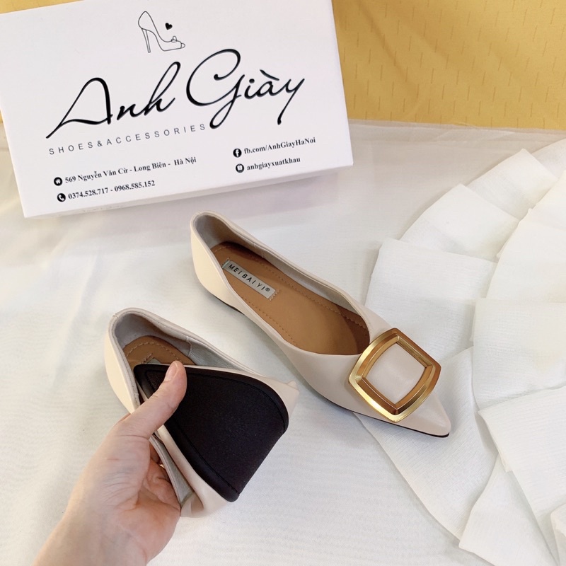 GB49 - Giày búp bê, giày bệt mũi nhọn da lì nơ khoá vuông siêu mềm dẻo hàng quảng châu cao cấp ( ảnh thật, kèm video)