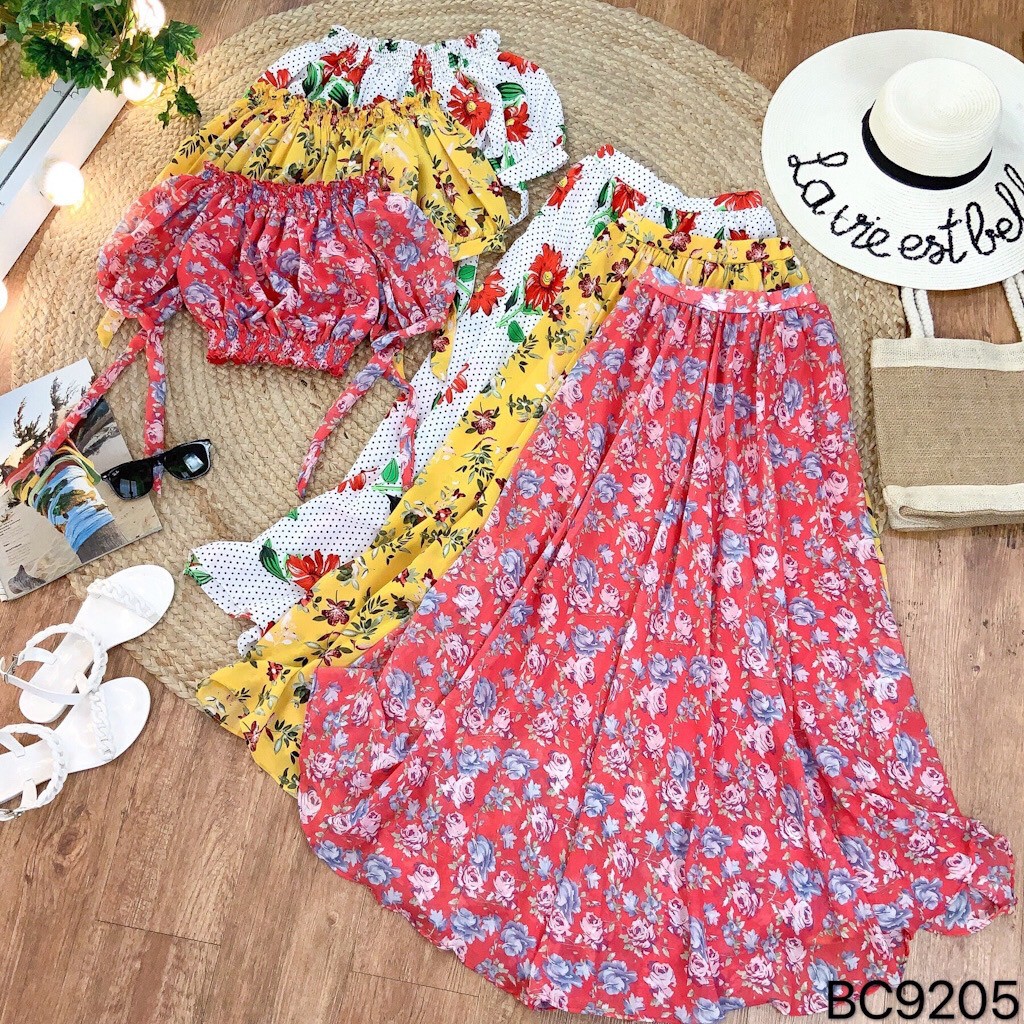 Set đồ Vintage áo Croptop trễ vai và chân váy Midi siêu tôn dáng VINTAGE STORE