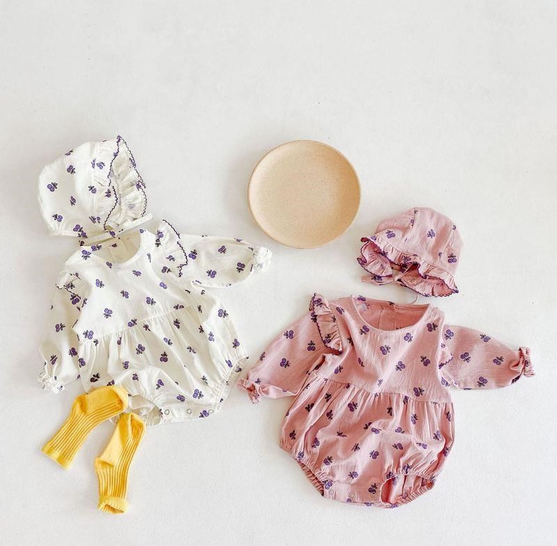 Bộ Áo Liền Quần Tay Dài In Hình Quả Cherry + 2 Mũ Thời Trang Mùa Thu Cho Bé Gái Sơ Sinh