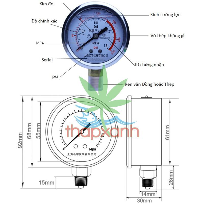 Đồng hồ đo áp suất nước, khí nén, áp kế, van đo áp suất YN60