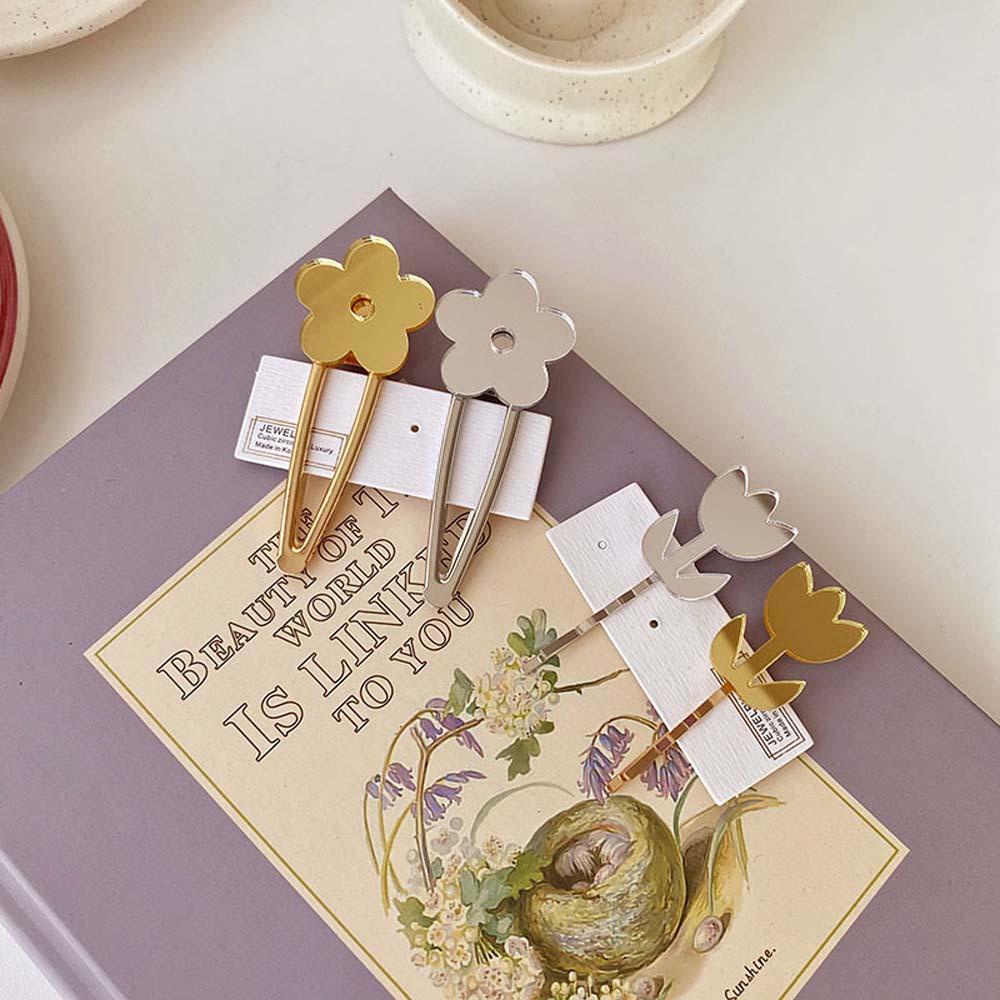 AROMA Kẹp Tóc Kim Loại Hình Hoa Tráng Gương Đơn Giản Ngọt Ngào Phong Cách Hàn