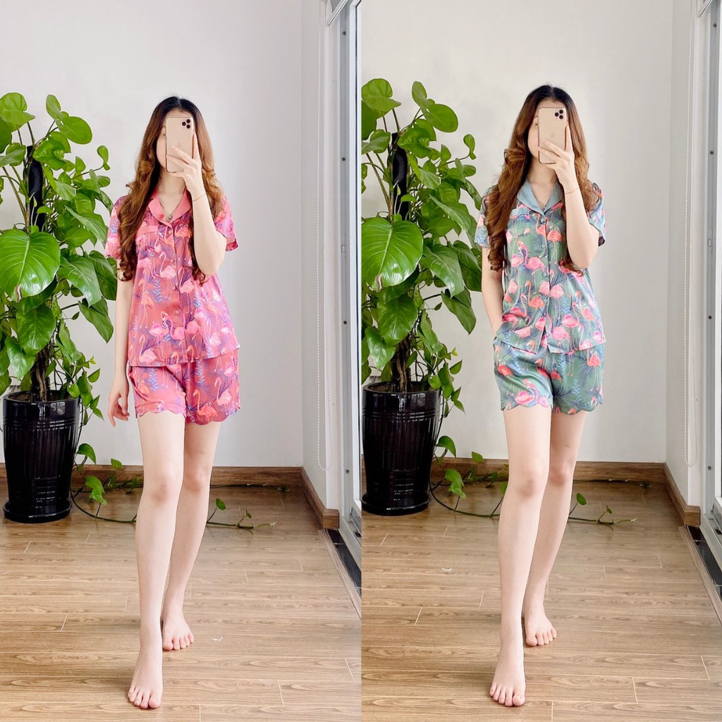 Bộ Pijama lụa giấy NOHK cao cấp mặc nhà cộc tay quần đùi họa tiết hồng hạc