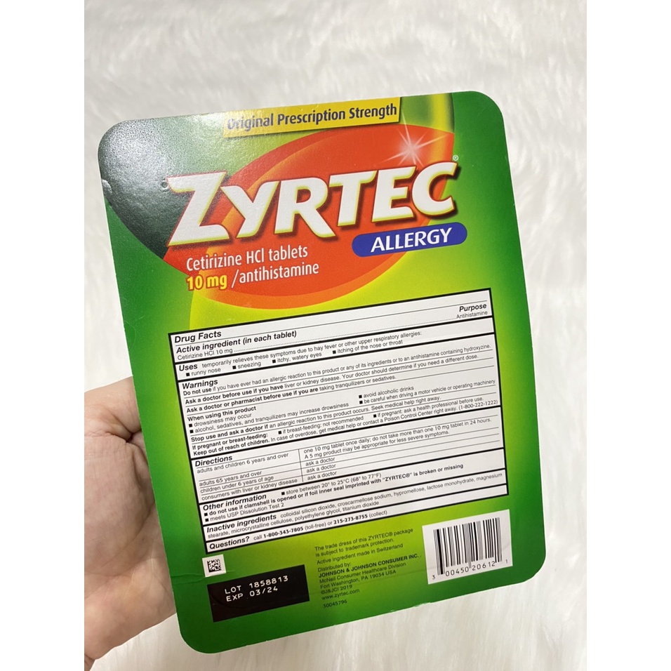 Viên chống dị ứng Zyrtec Antihistamine Allergy 10mg 120 Tablets Của Mỹ