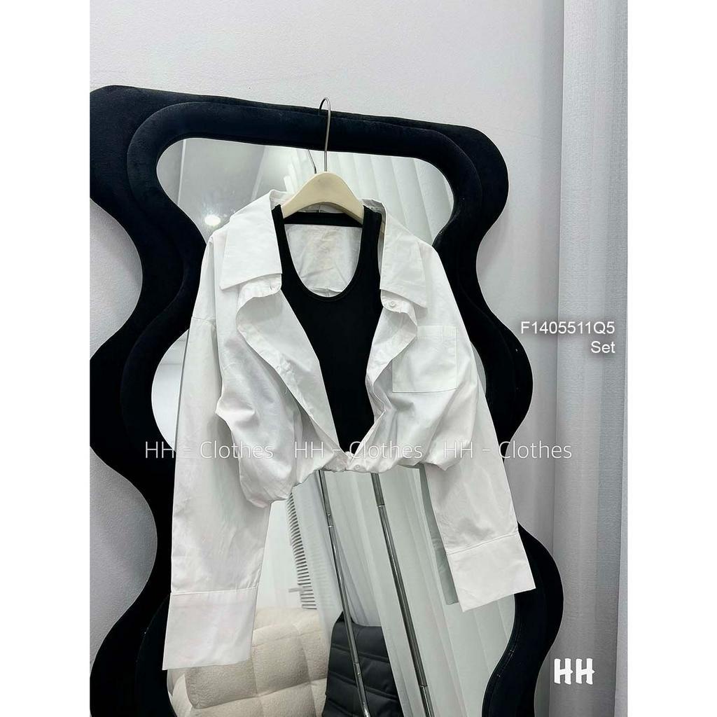 Set áo sơ mi trắng form croptop phối áo đen ba lỗ!