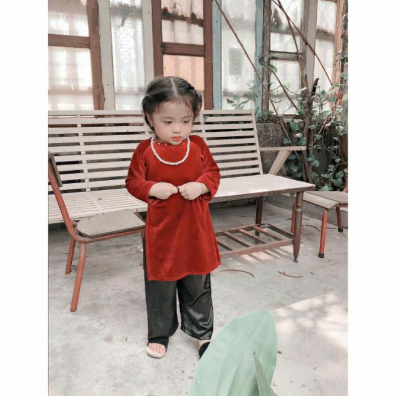 Áo dài nhung bé gái kèm mấn xinh xắn / Áo dài trẻ em