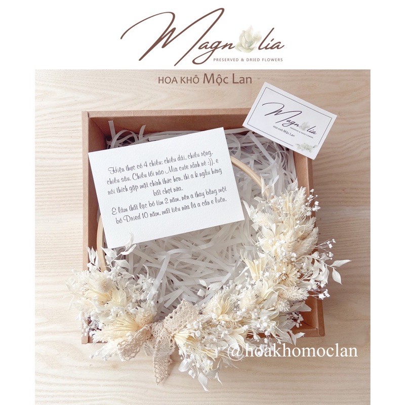 Vòng hoa khô trang trí tranh treo tường tone trắng kem, decor phòng ngủ, chụp ảnh sản phẩm, quà tặng sinh nhật độc đáo