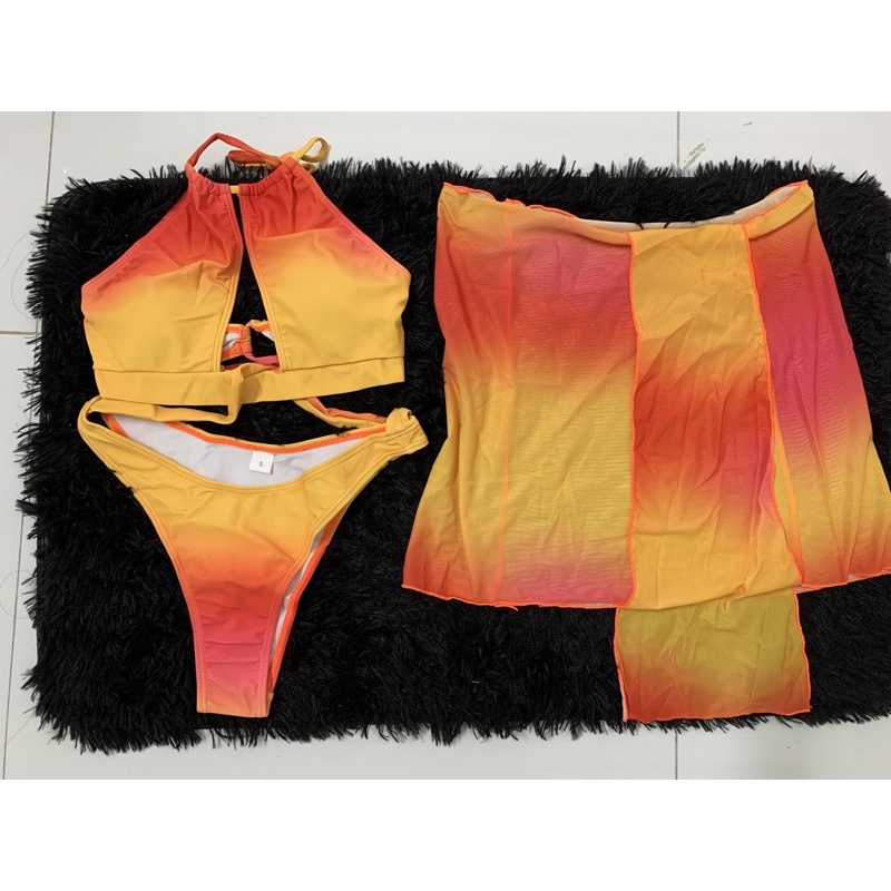 (Có sẵn) Bộ đồ bơi Bikini  một mảnh Âu Mỹ màu cam loang siêu đẹp kèm váy tôn dáng khoe eo sexy