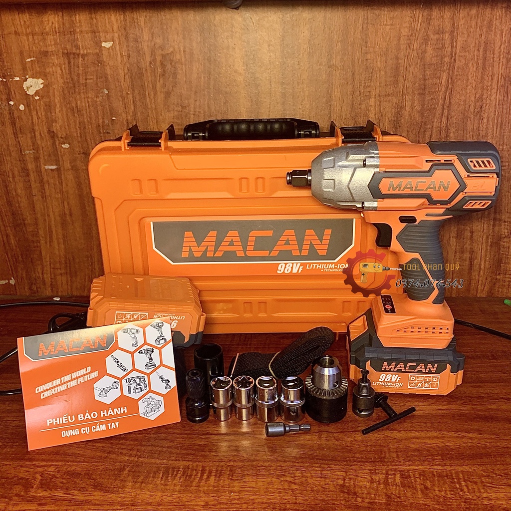 Máy Siết Bulong MACAN 98Vf Lực Siết Khủng 980Nm, 2 Pin, Động Cơ Không Chổi Than, Tặng Phụ Kiện Như Hình
