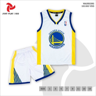 Set quần áo bóng rổ trẻ em Warriors trắng Vải mè cao cấp