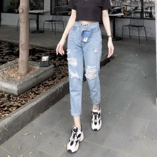 Quần baggy jean cào rách kèm túi hộp tháo rời, hình thật 100%