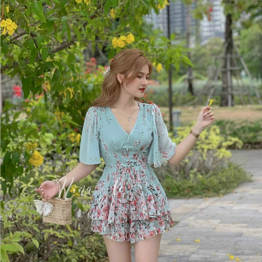 (Ưu Đãi FreeShip) Đầm tiểu thư cổ v,đầm hoa nữ tay loe,tone màu xanh nhẹ nhàng,dễ thương chất voan cao cấp