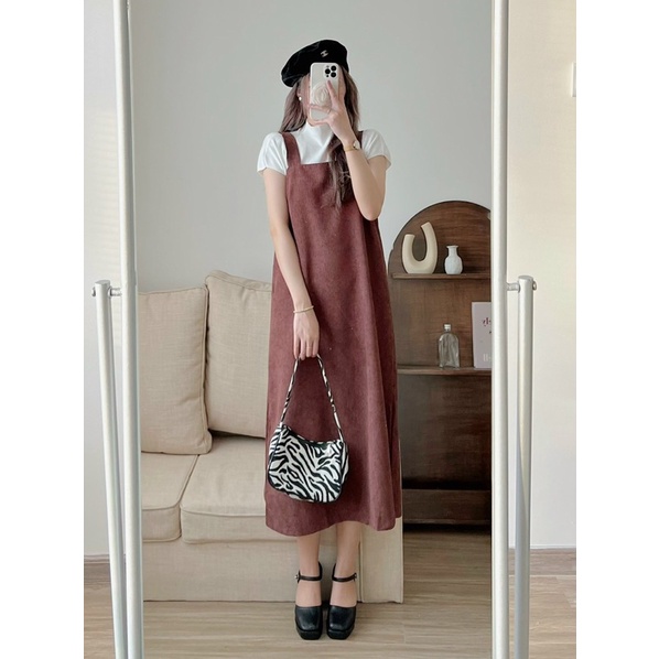 [Ảnh thật/Video]Yếm nhung Yakun mới thiết kế dáng dài Hàn Quốc Váy hai dây dáng basic