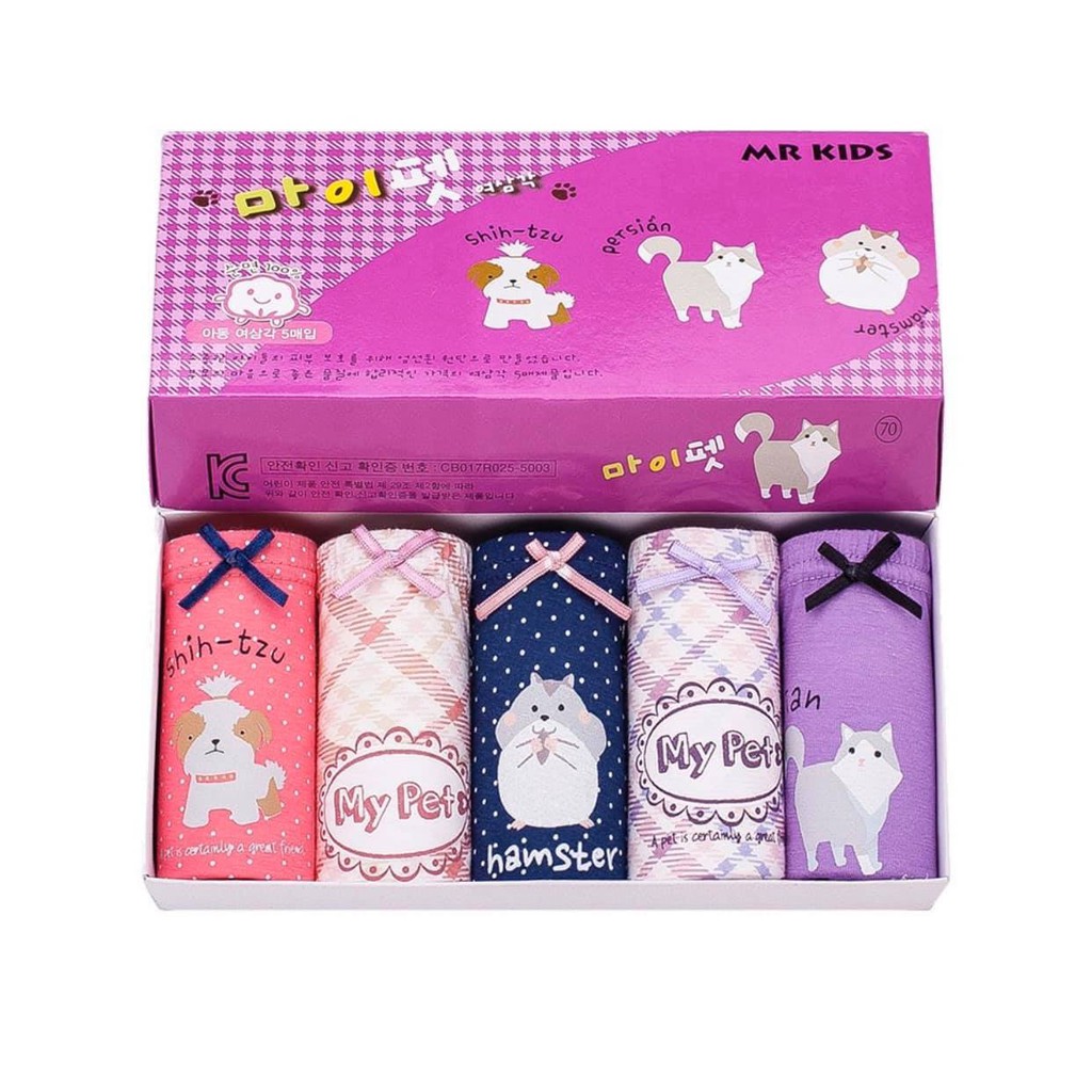 Quần lót bé gái Hàn Quốc 5 cái trong hộp vải cotton 100% mẫu Con Mèo My Pet