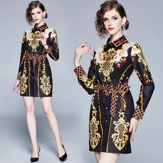New Polo Collar Fashion Printed Long Sleeve Single Breasted Elegant Dresses Slim A Line Dress Yellow