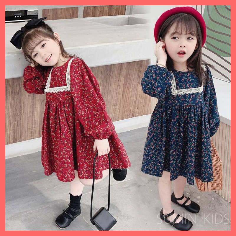 Váy dài tay cho bé gái - Quần áo trẻ em Sumin Kids - Dáng vintage hoa nhí màu xanh và đỏ