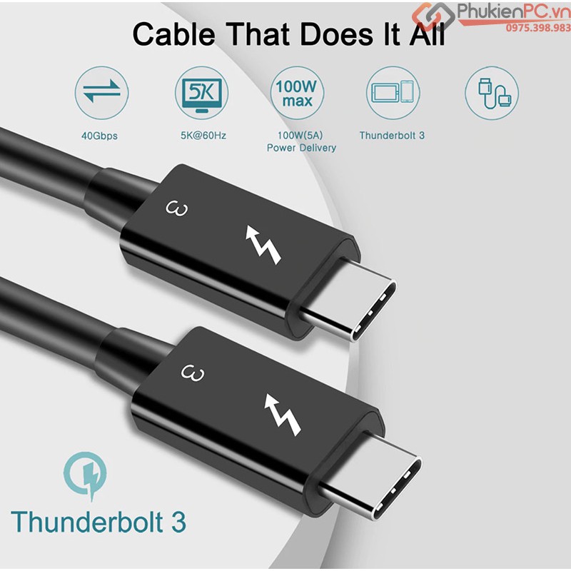 Dây Thunderbolt 3 to Thunderbolt 3 dài 1M 40GB sạc PD100W 4K Display