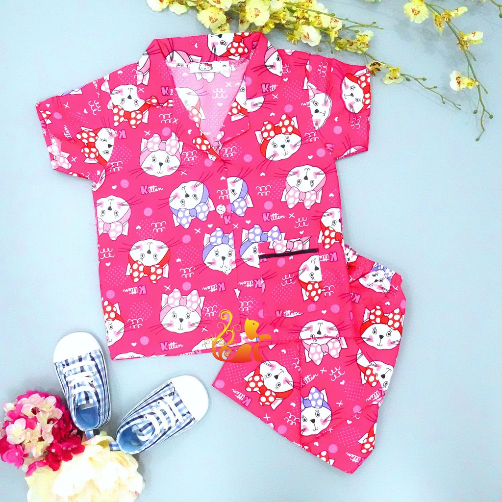 Đồ Bộ Pijama Kate Thái - &quot;Mèo Nơ Chấm Bi&quot; - Cho Bé 13-17KG