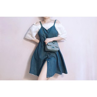Đầm 2 dây denim xoè nút bóp