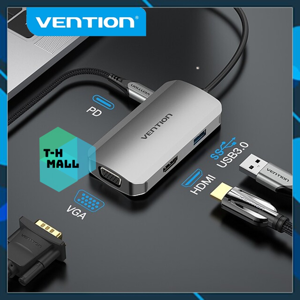 Bộ Hub chuyển đổi Vention USB C sang HDMI VGA USB C 4K 1080P tương thích laptop táo Pro tablet táo Pro Dell XPS