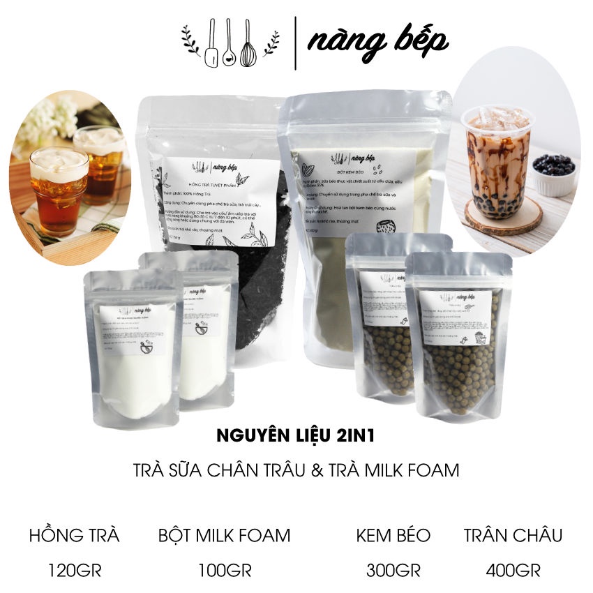 [2IN1] Set nguyên liệu làm trà sữa trân châu và Trà Milk Foam Macchiato Nàng Bếp