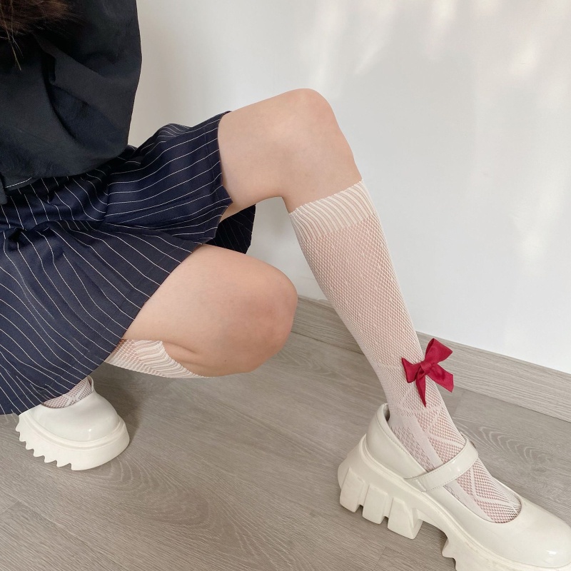 Xixi Tất Lưới Dài Tới Bắp Chân Họa Tiết Chấm Bi Thắt Nơ Phong Cách Preppy Nhật Bản Ngọt Ngào Cho Nữ