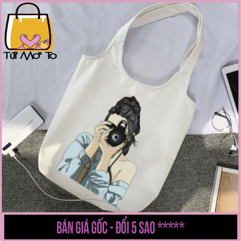 Túi tote vải canvas quai tròn có khóa kéo in hình cô gái cầm máy ảnh - Túi Mơ To store