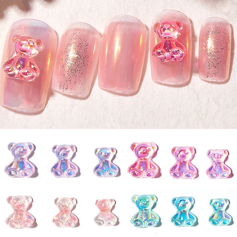 [Hàng mới về] Phụ kiện trang trí móng tay hình gấu hoạt hình pha lê 3D màu kẹo ngọt nhiều kích cỡ