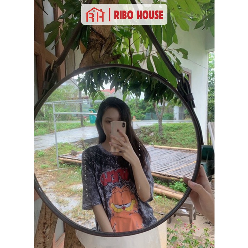 Gương trang điểm RIBO HOUSE chất liệu dây da, gương tròn trang trí phòng ngủ nhà tắm decor quán cafe nails RIBO41