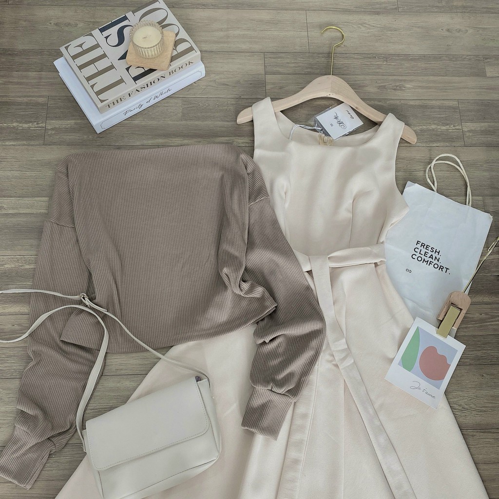 Sét váy nhung mix áo len nâu trễ vai  vải nhung mềm mịn kết hợp áo len siêu dễ thương