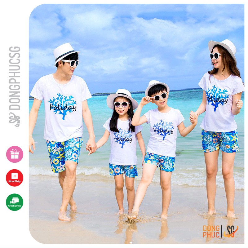 Áo thun gia đình Holiday đồ đồng phục gia đình 3/4/5 người thun cotton dày dặn màu trắng GD336T DONGPHUCSG