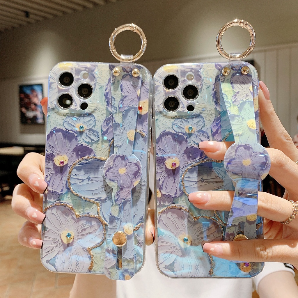 Ốp Điện Thoại Silicon Họa Tiết Hoa Tím / Xanh Dương Có Quai Cầm Tay Mẫu Mới Cho iPhone 13 12 Pro Max 11 7 8 XR 6 Plus X Xs Xsmax