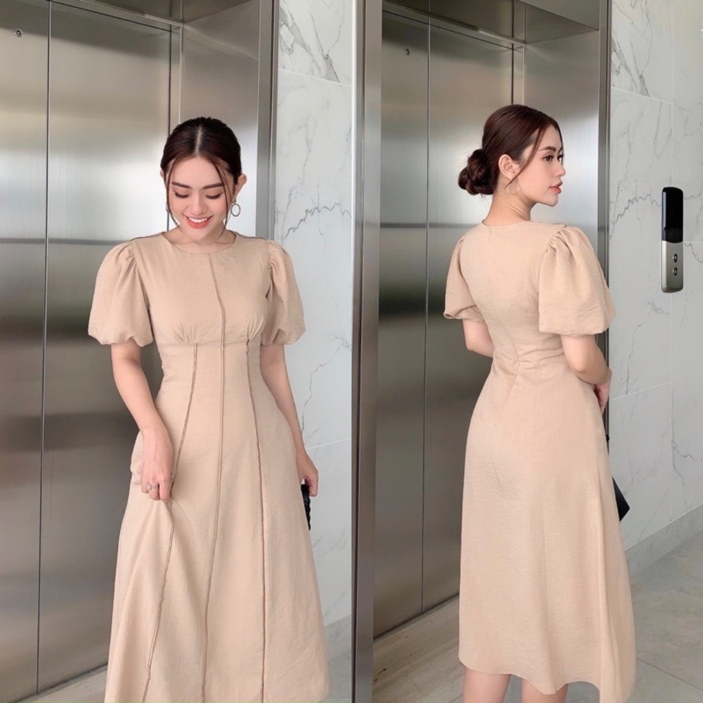 Đầm Dự Tiệc Đầm Thiết Kế Midi Viền Tay Bồng Xinh Lung Linh Hanaki HNK1001 | BigBuy360 - bigbuy360.vn