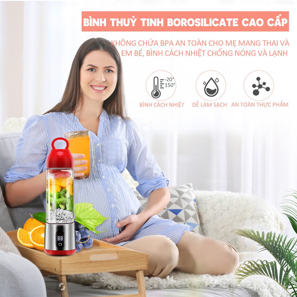 Máy xay sinh tố cầm tay mini 400ml, đa chức năng, sạc pin 6 lưỡi xay tiện lợi, bình thuỷ tinh cách nhiệt, công suất mạnh