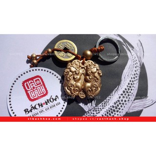 Móc khóa Tỳ Hưu gỗ Xâu tiền Ngũ Đế màu ánh kim (VTMK31)