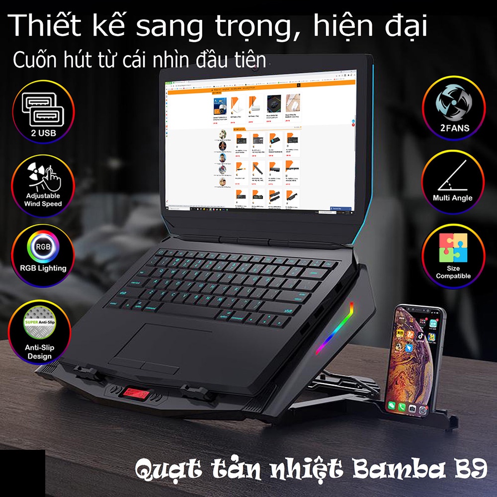 QUẠT LÀM MÁT LAPTOP BAMBA B9  LED RGB hàng chính hãng BamBa chất lượng cao bảo hành 6 tháng.