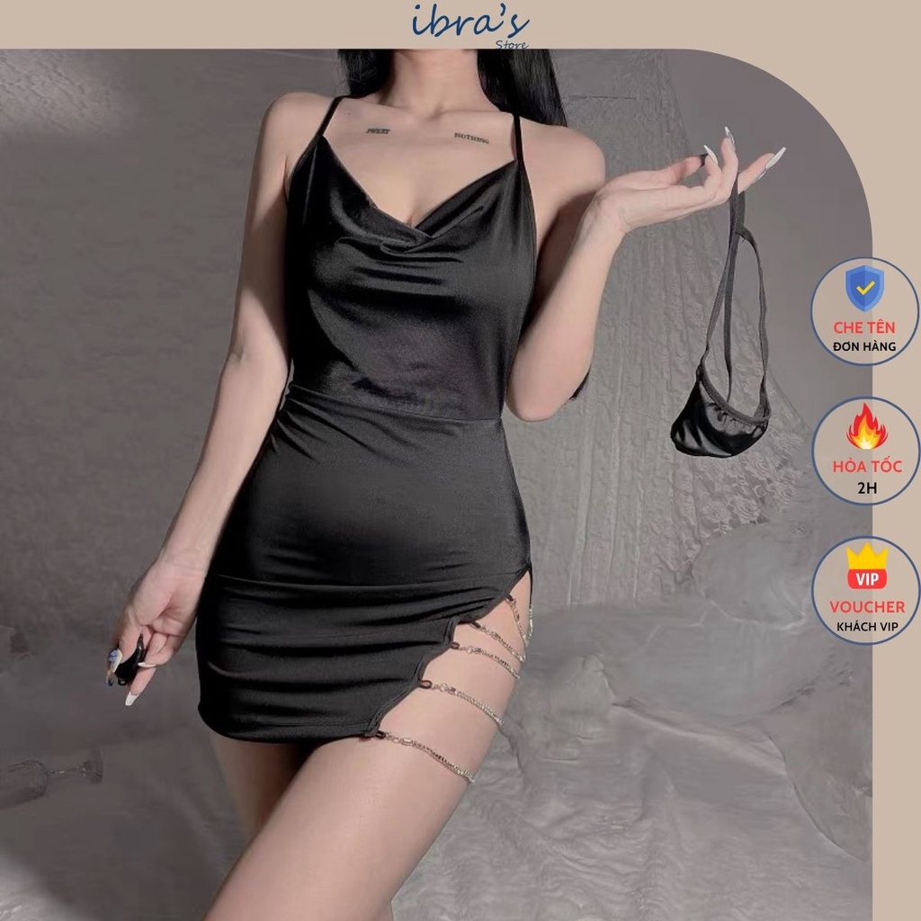 Váy Ngủ Sexy Gợi Cảm iBRA'S STORE Đồ Ngủ Sexy Nữ Xẻ đùi phối dây Quyến Rũ Nóng Bỏng Tặng Quần Lót Lọt Khe iBRA V3
