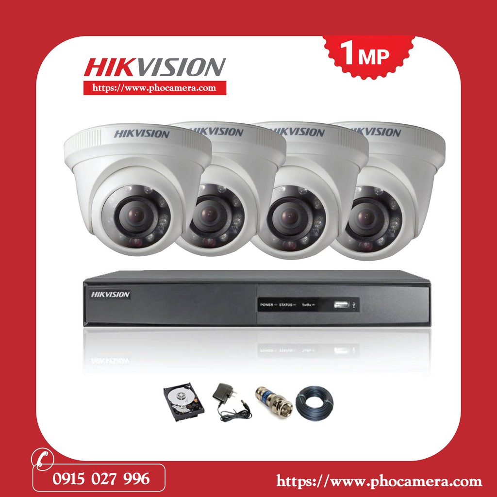 Trọn bộ 4 Camera Hikvison 1.0MP, Đầu ghi 4 kênh, ổ cứng 500G