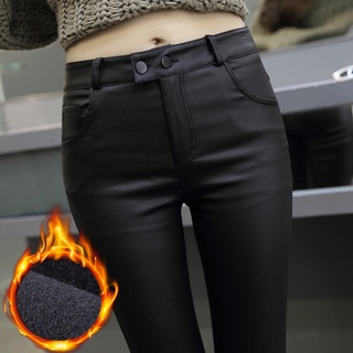 Plus Size Quần Da Tráng Bé Gái Eo Cao Mờ Slimer Nhìn Quần Skinny Hợp Thời Trang Nút Đôi Màu Đen Slim fit Quần Dài Mặc Ngoài Quần Legging Quần Bé Gái Quần Áo Hàn Quốc Bé Gái Phải Có Lông Cừu Màu Đen Mờ Mặc Ngoài Quần Skinny Mờ