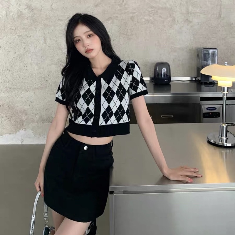 [SẴN] Áo Polo Len Croptop Hoạ Tiết Caro  (Kèm Ảnh Thật Tự Chụp) | BigBuy360 - bigbuy360.vn