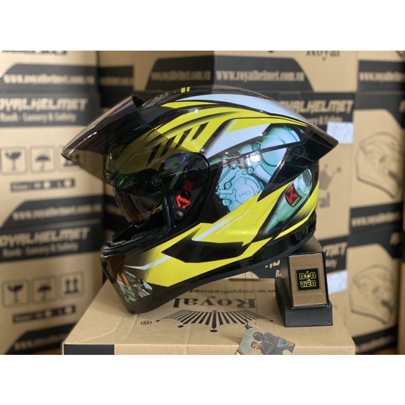 MŨ FULLFACE 2 KÍNH M266 ĐEN BÓNG LÊN TEM HÃNG XE VÀNG TƯƠI CỰC ĐẸP, Mua 1 Nón Tặng 1 Quà, BH 12 Tháng