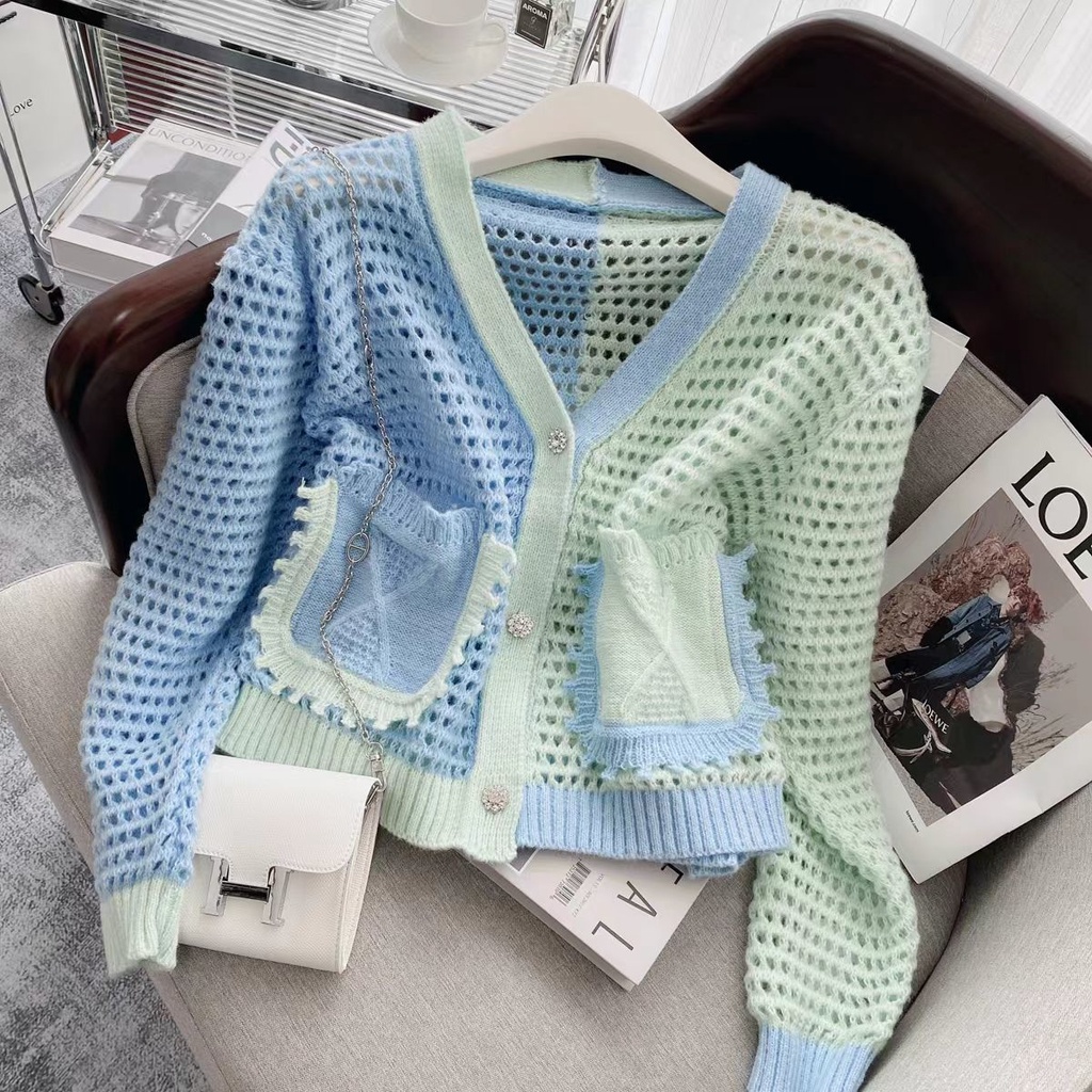 Áo Khoác Cardigan Dệt Kim Cổ Chữ V Màu Sắc Tương Phản Phong Cách Retro Dành Cho Nữ