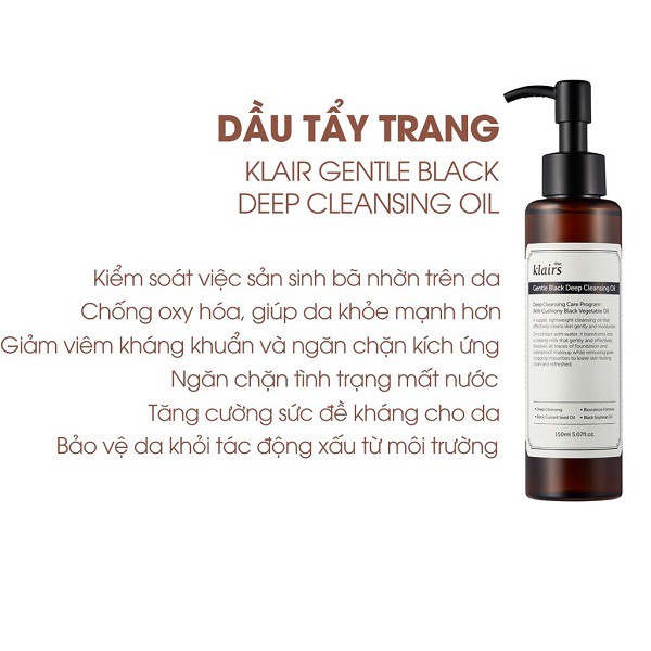 Dầu Tẩy Trang Kiểm Soát Bã Nhờn, Làm Sạch Sâu Klairs Gentle Black Deep Cleansing Oil 150ml