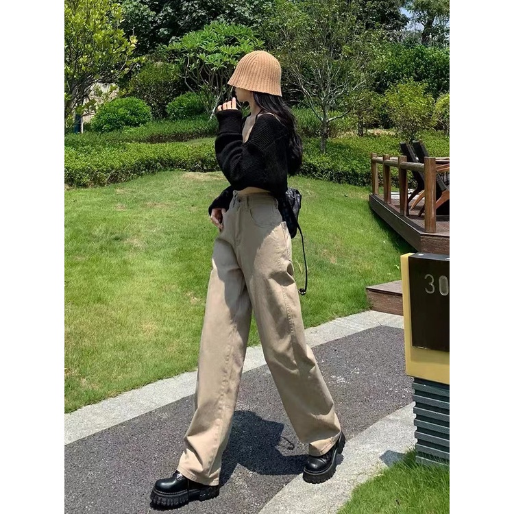 Quần jean lưng cao ống suông rộng thời trang retro dễ phối đồ