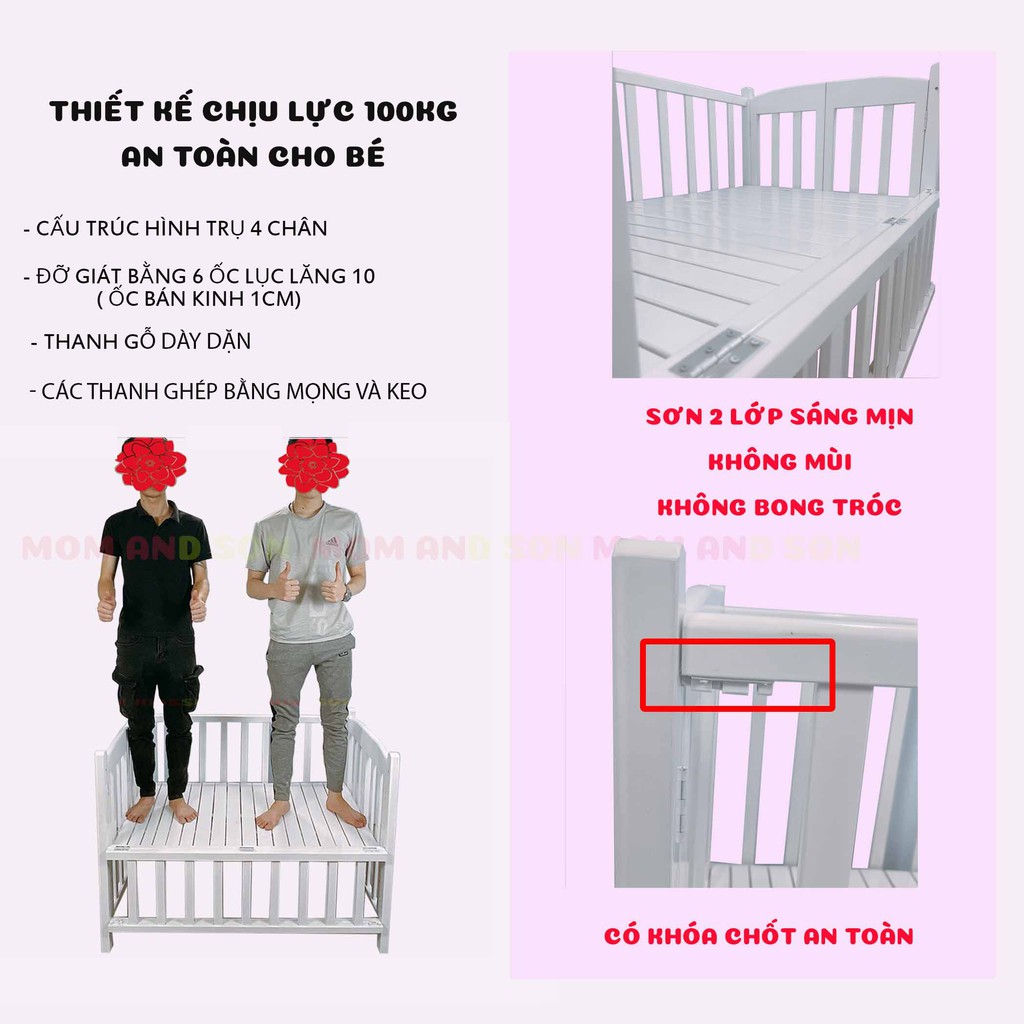 (Bộ 5 SP Tặng 2 SP) Giường Cũi Trẻ Em Gỗ Quế Xuất Khẩu Màu Trắng - Giường Cũi MOM AND SON Bảo Hành 24 Tháng