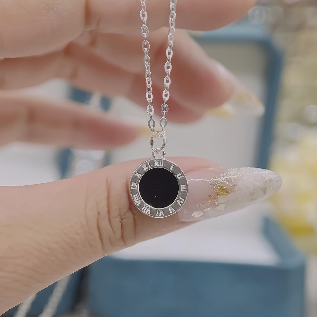 Dây chuyền bạc nữ PANSY mặt đồng hồ chữ la mã sơn đen cá tính