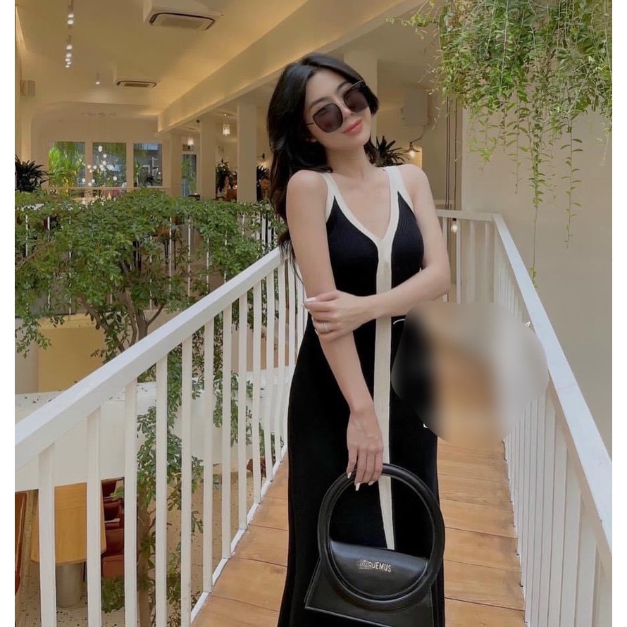 Đầm váy len cổ V hai dây viền dáng dài 120cm xẻ tà Quảng Châu ❤️ Freeship ❤️