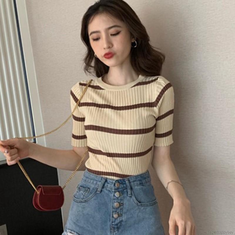 Áo dệt kim đơn giản sọc ngang ngắn tay dành cho nữ