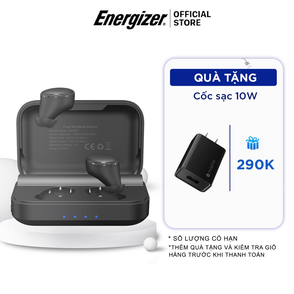 Tai nghe True Wireless Energizer UB2608 - kèm hộp sạc di động 2600mAh, chống thấm nước IPX4 - Hàng Chính Hãng